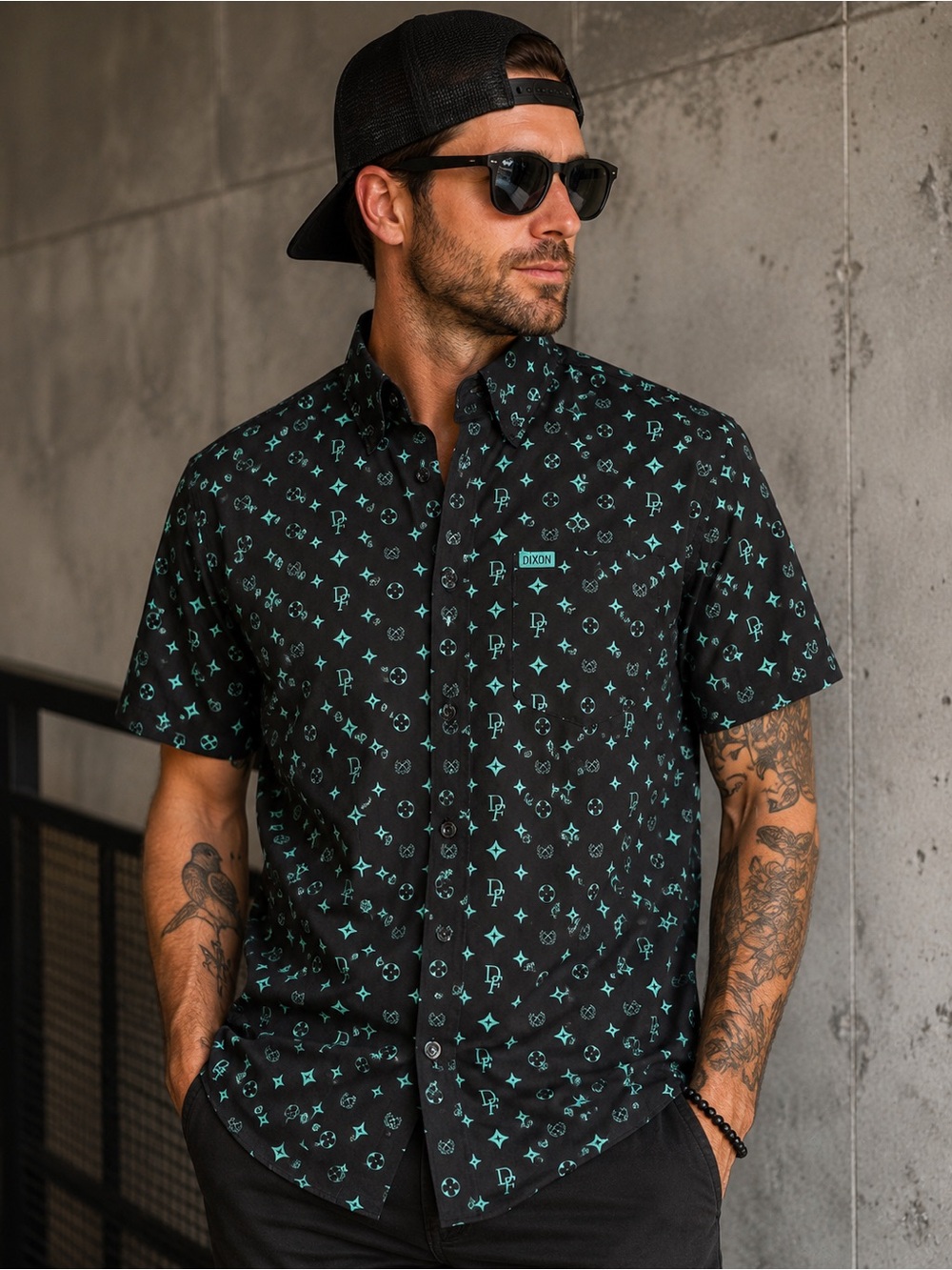DIXXON The Bougie Black Short-Sleeve Button Shirt with Teal Motif